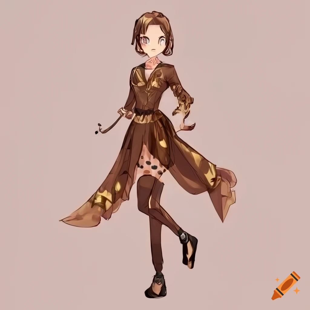 Detailed anime-style design of a human girl character, side view,  reference, oc, full body, clothing, outfit design, female, woman, adoptable  character, black gold