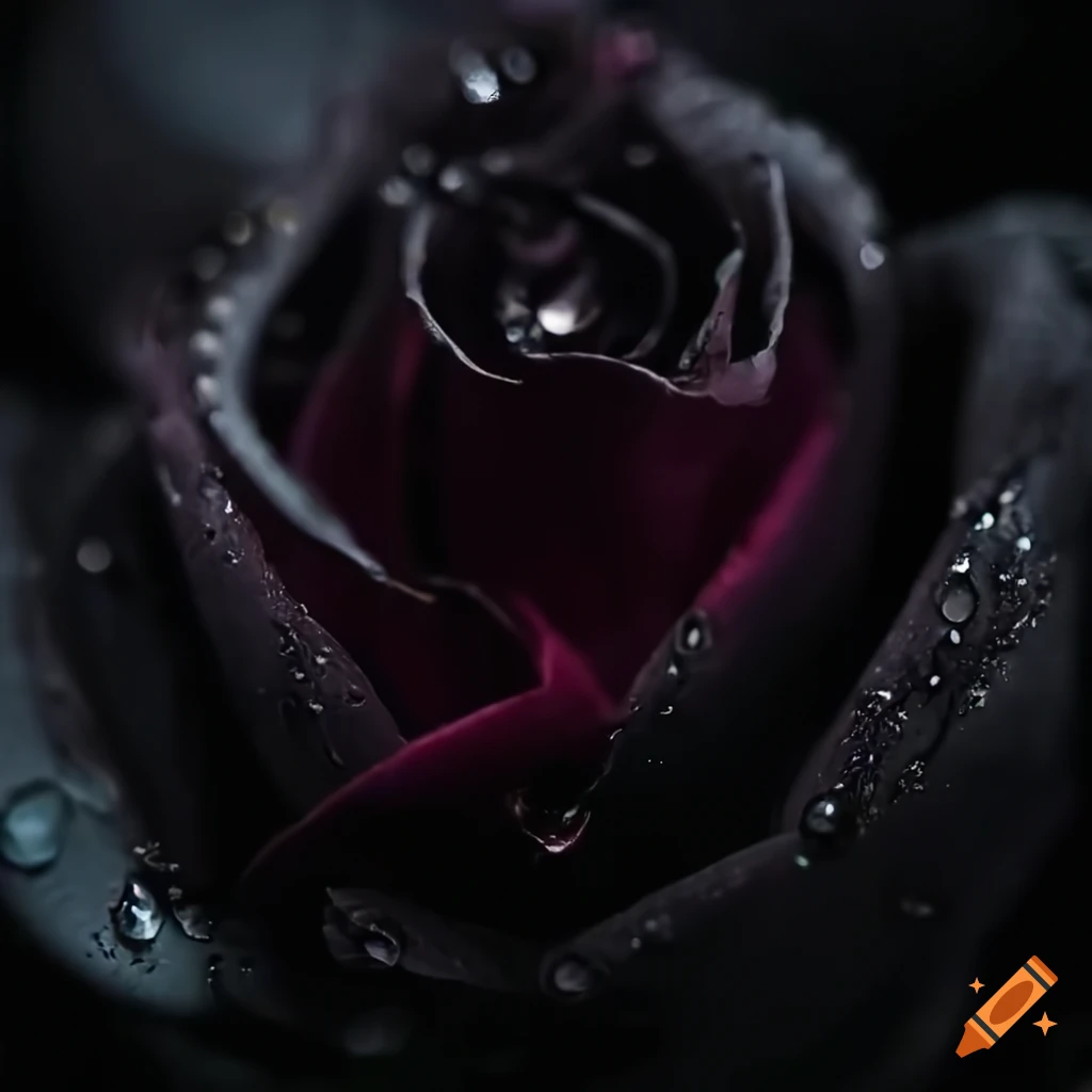 Ultra macro photo of a black rose flower petals with waterdrops on the  petals, 8k, ultra detailed on Craiyon