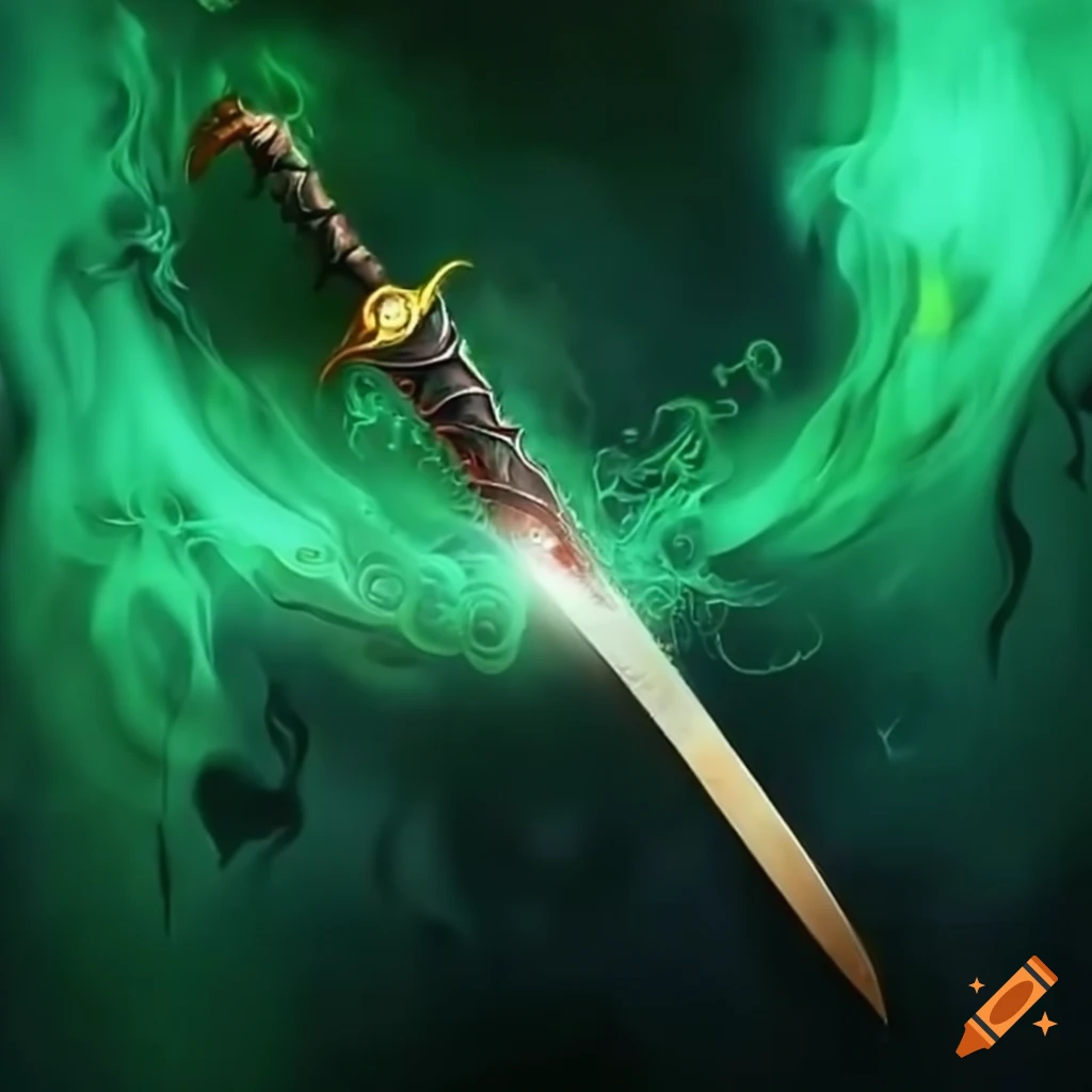 Chinese black blade saber surrounded by ethereal green flames
