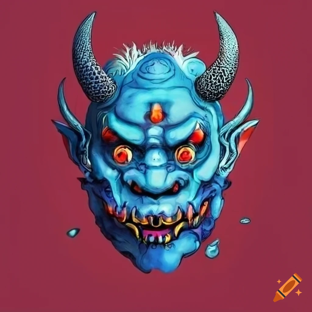 The head of a blue oni surrounded by lotuses in a red background on Craiyon
