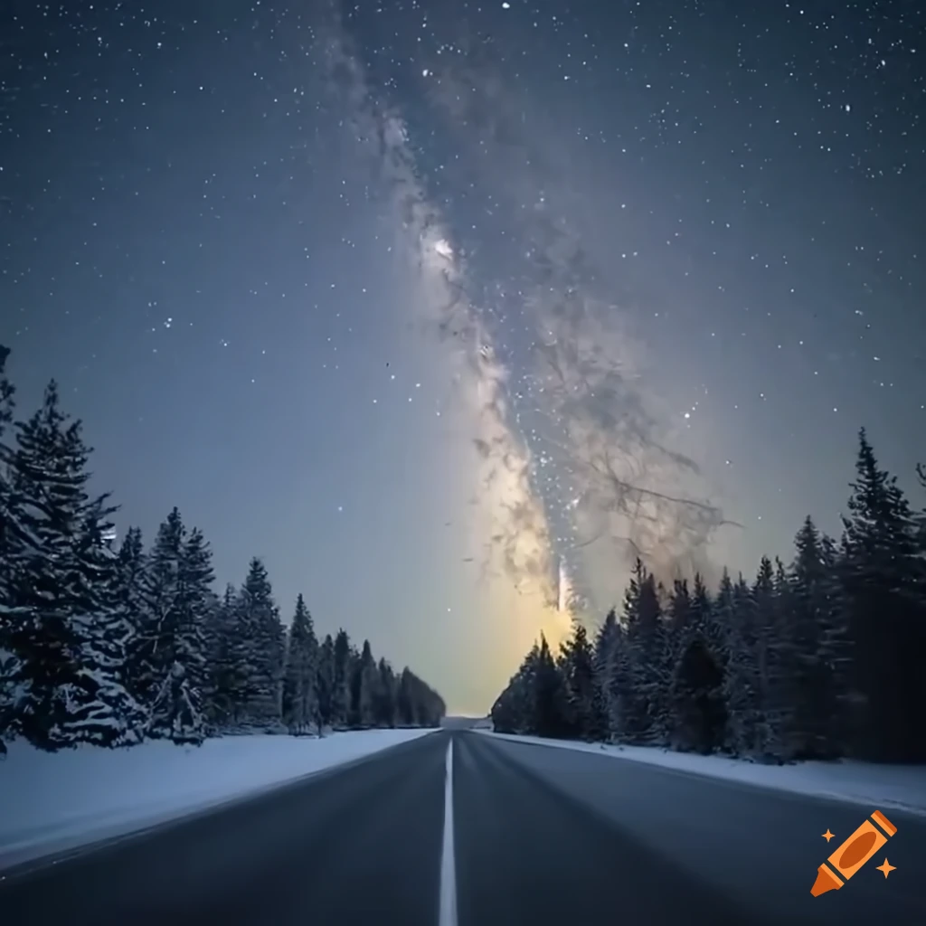 A car is drives on a very long endless well lit road in the middle of the  forest, the trees are covered with snow, and the full moon is in the middle