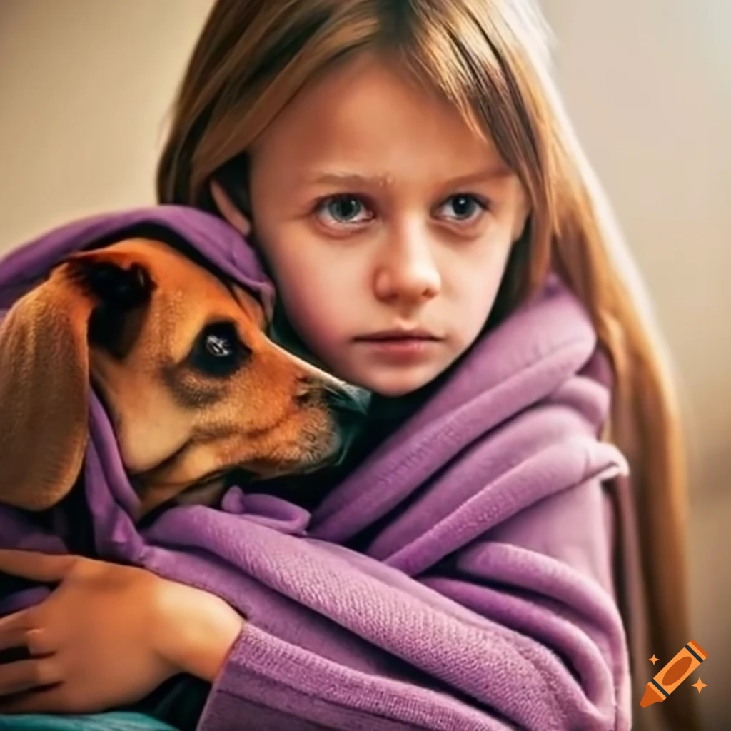 Girl wrapped in blanket with rescued dog on Craiyon