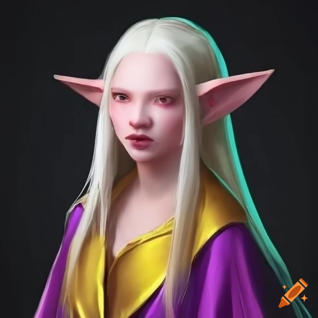 Albino elf woman in purple and gold school robes straight hair angular ...