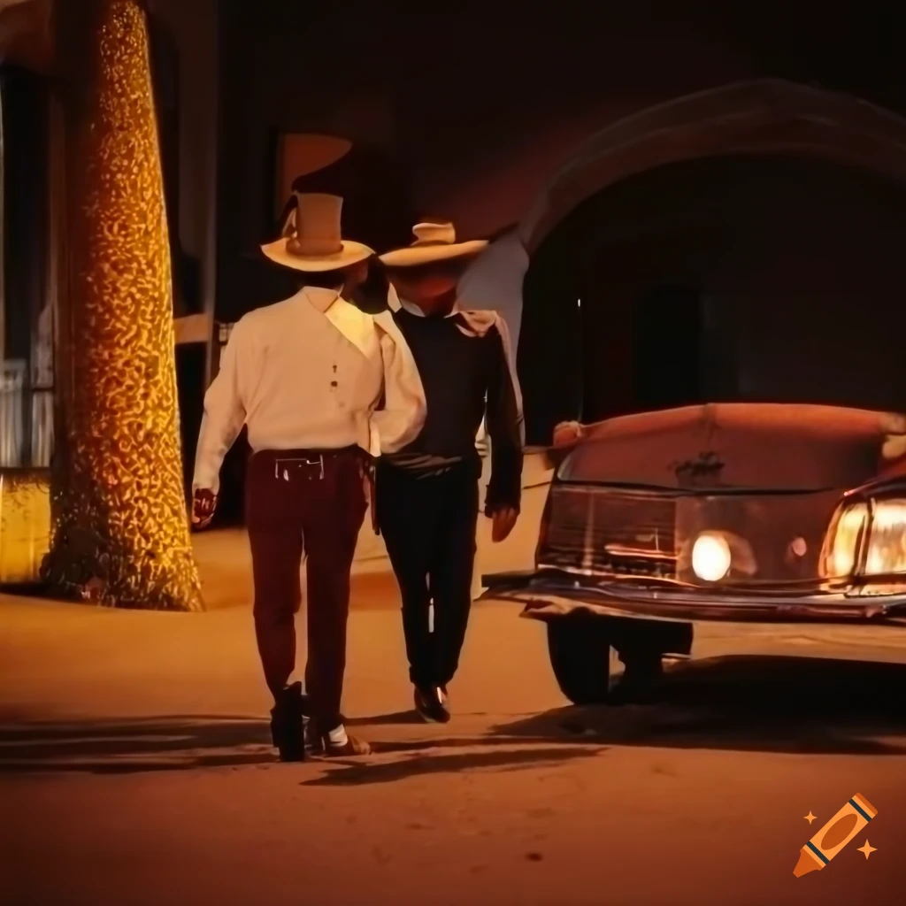 Two well dressed men in cowboy hats with fancy cars walking into a bar in mexico at night on Craiyon