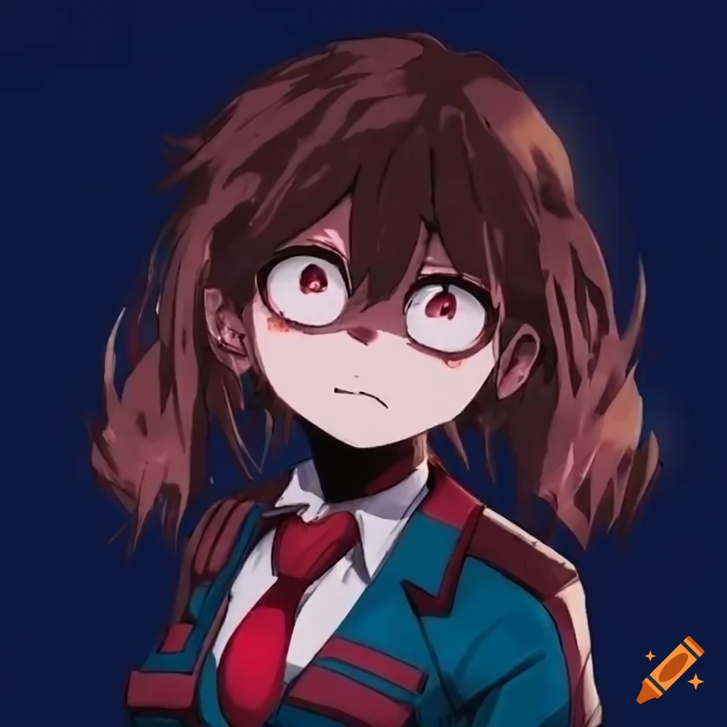 Female mha deku, messy brown hair, hair pointing up