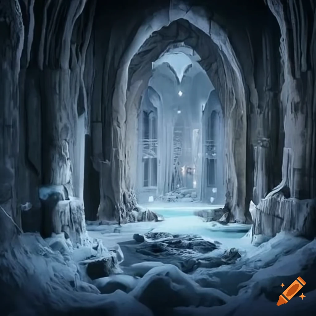 fantasy, city in an icy underground setting, frozen interior, ice floor, stone houses
