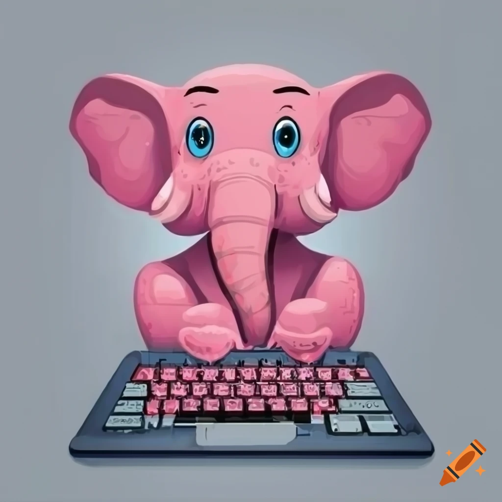 A pink elephant coding on his computer (cartoon style, grey background ...