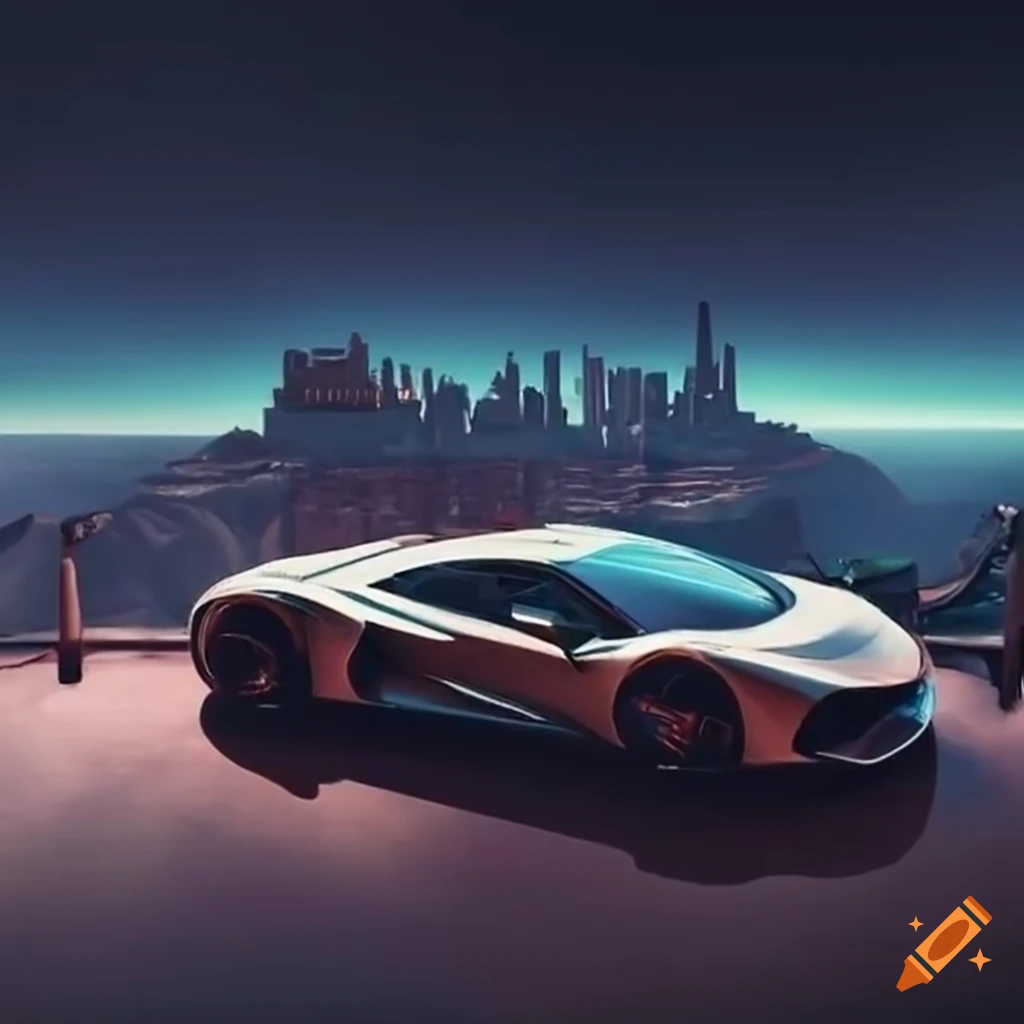 Supercar overlooking futuristic city skyline from canyon on Craiyon