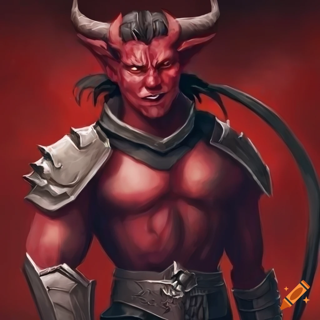 A male red tiefling, black horns wearing a paladin armour, muscular, with a fire imbued longsword, portrait D&D realistic