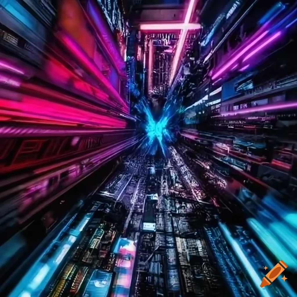 Standing in cyberpunk city with zoom burst