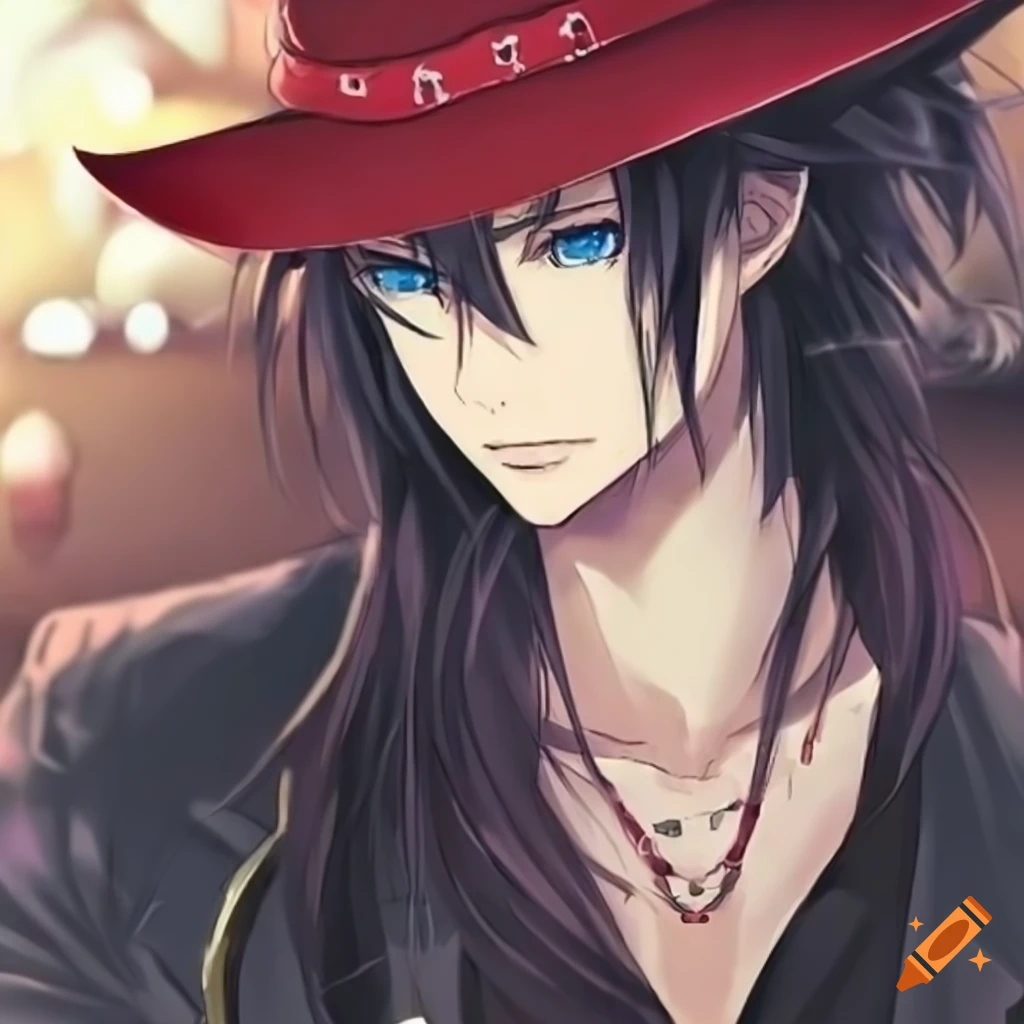 Banditrevolver, red cowboy hat, anime, male, long black hair, blue eyes ...