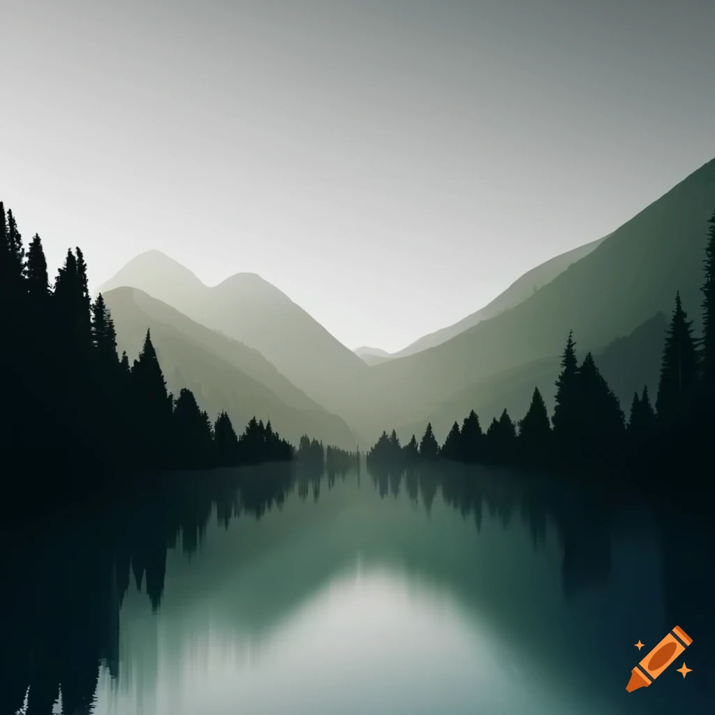 Minimalistic picture of mountains trees a river on Craiyon