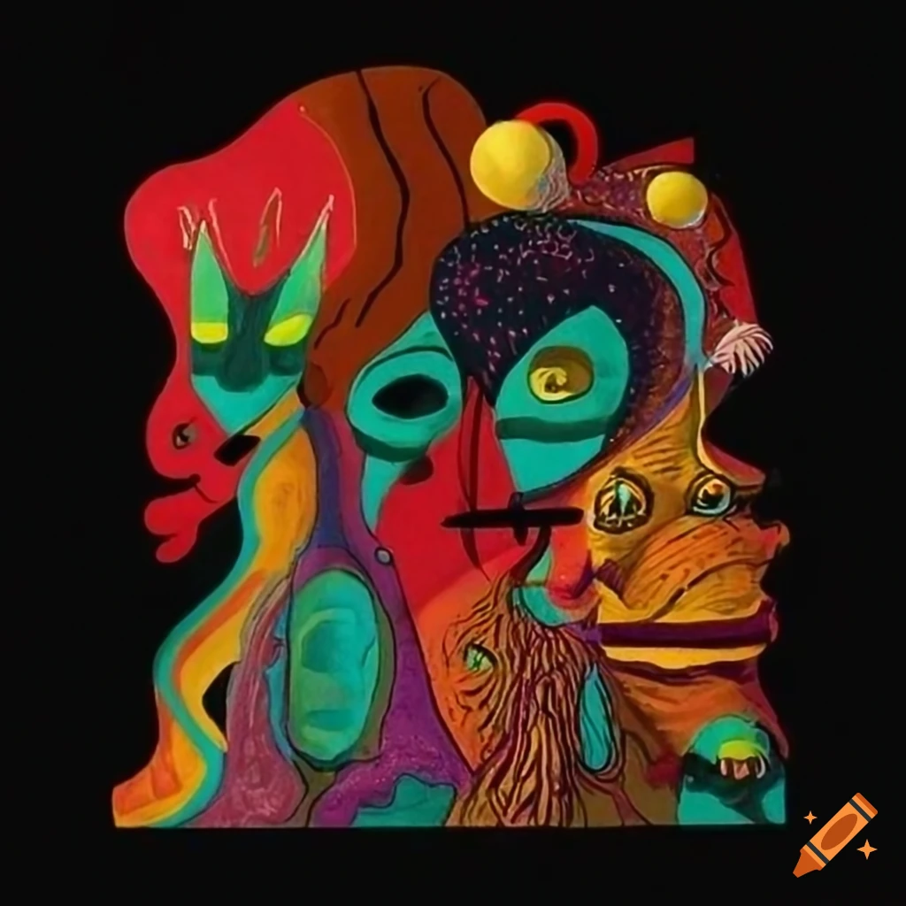 Alfred Pellan flat drawing graphique texture scene many creatures surrealist aliens objects masques instruments musical