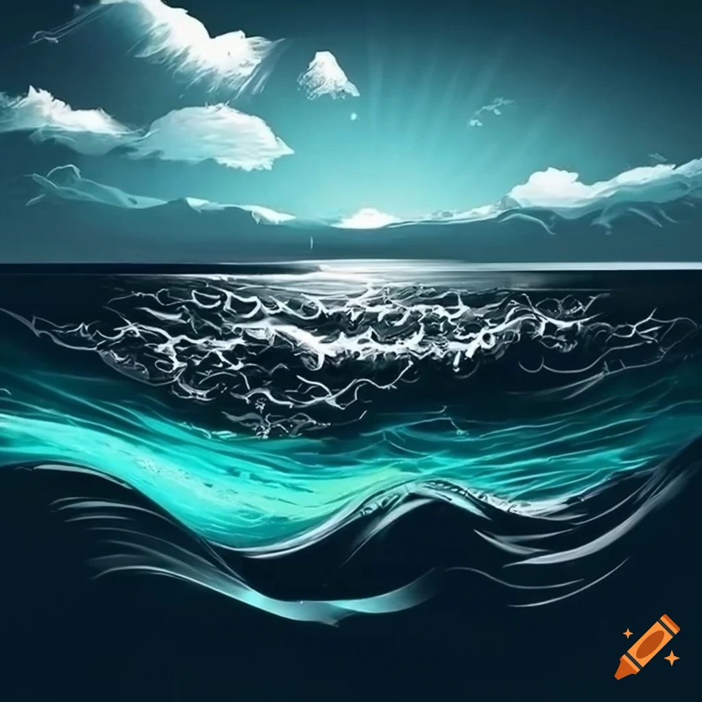 Extremely detailed, best quality professional concept art, Black ocean with teal waves crashing, black sea, fantasy landscape
