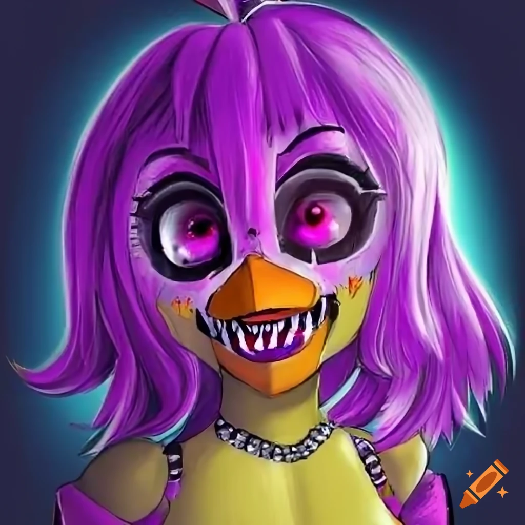 Swap!chica: a yellow chicken fnaf animatronic with a fancy dressed-up 80s  vibe with magenta eyes, a black bowler hat, a simple pink dress, and a  microphone in her hand