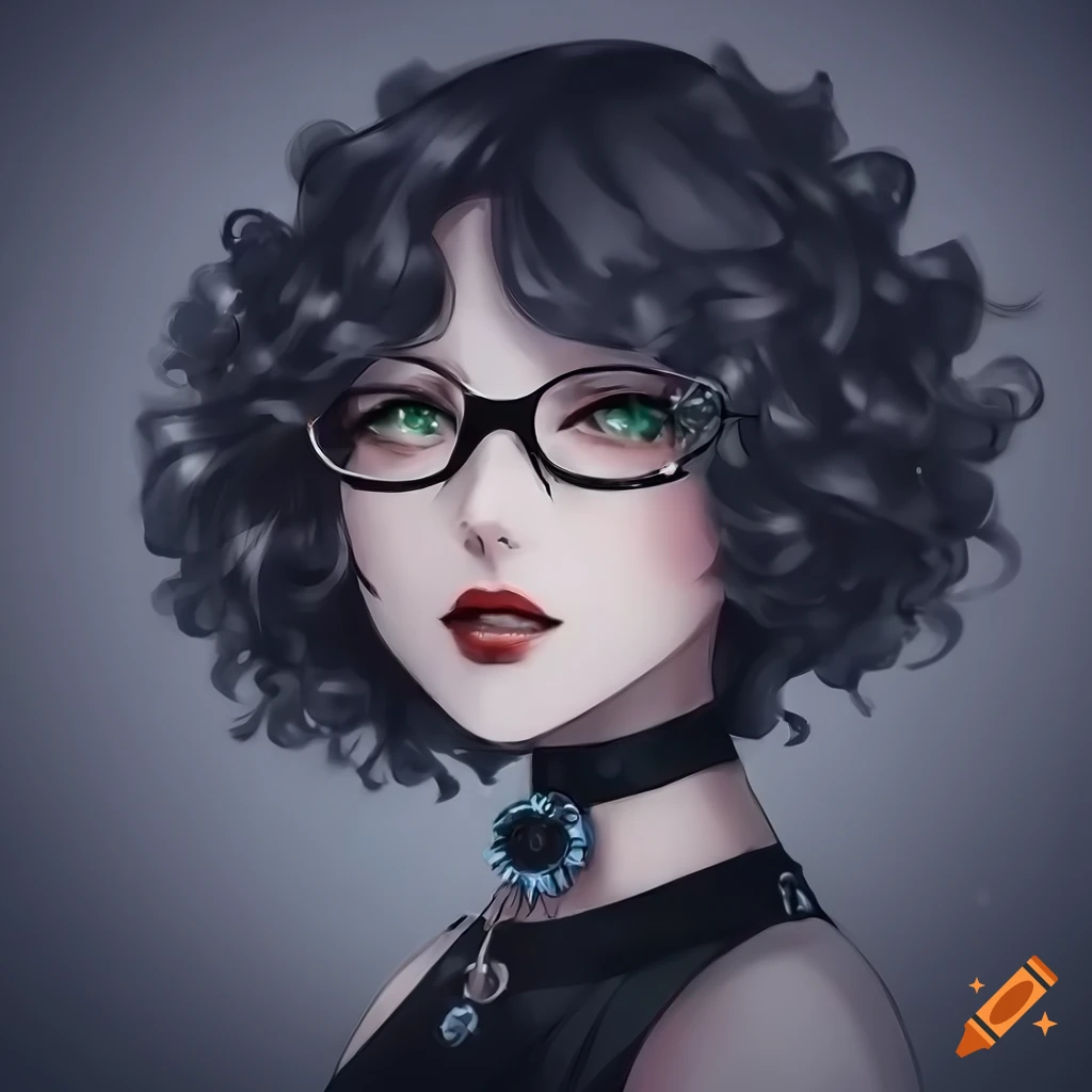 Dark anime depiction of a young woman with short black curly hair and green  eyes with glasses and collar, highly detailed, beautiful, sensual