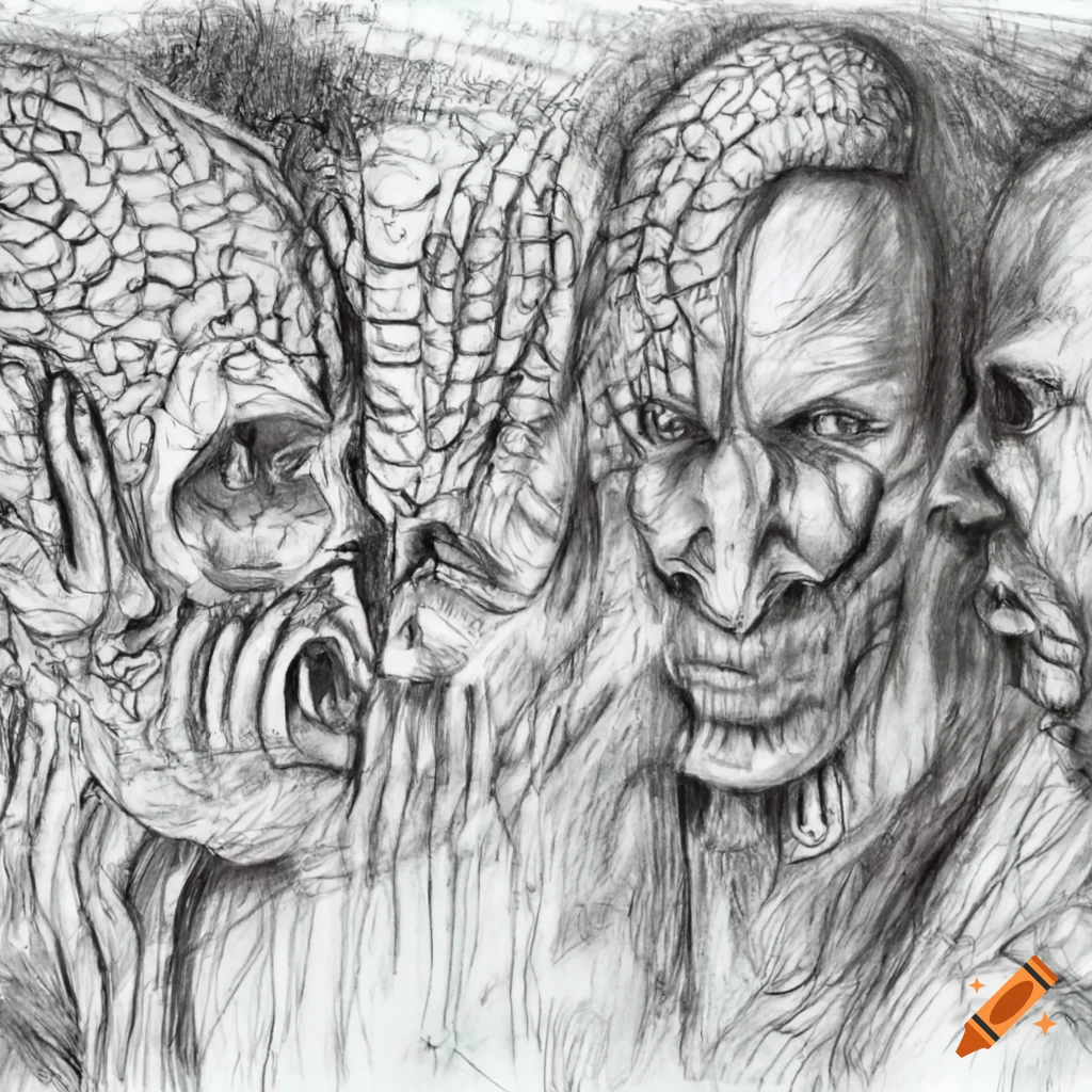 Pencil sketch of multiple intricate faces shading in the style of lynd ward  and h.r. giger on Craiyon