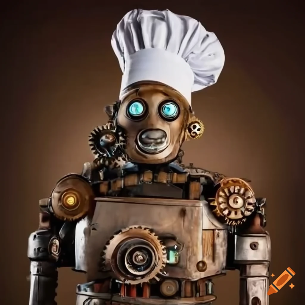 A steampunk humanoid robot wearing a chefs hat with an oven for a chest and large chunky shoulders