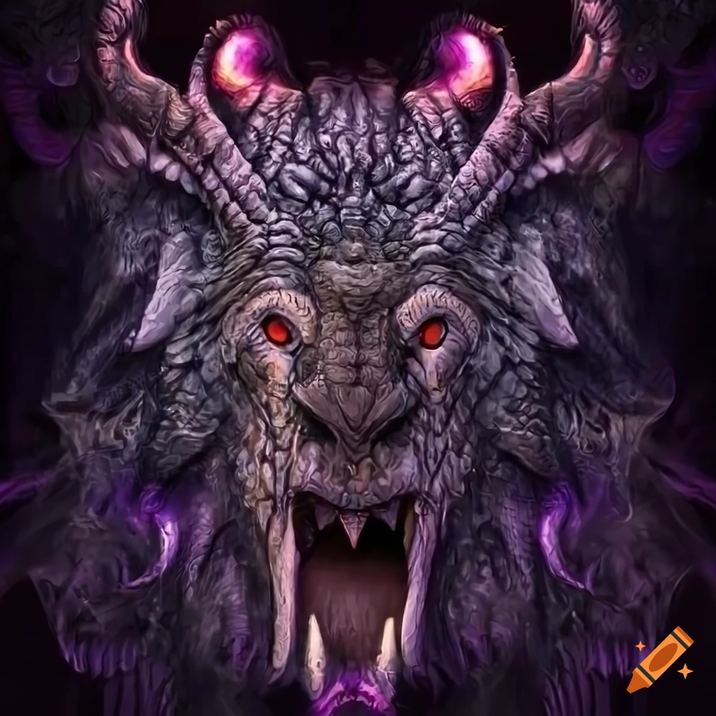 Face of a majestic intricate dragon with long lion baboon face