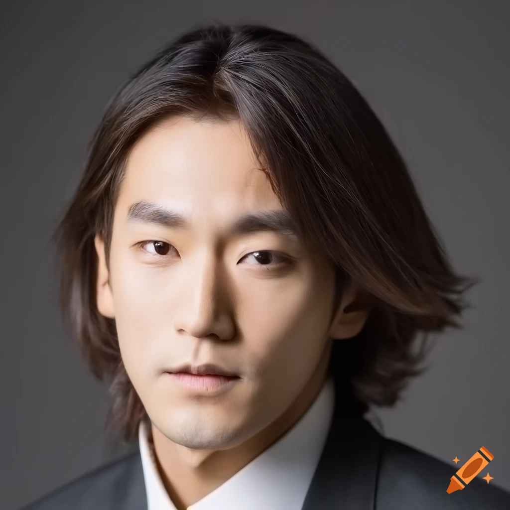 A photo portrait of a japanese actor, soft neutral expression, long and  wavy brown hair, symmetrical face, front facing, looking at camera, studio  lighting, 8k. dramatic, professional photography. uhd on Craiyon