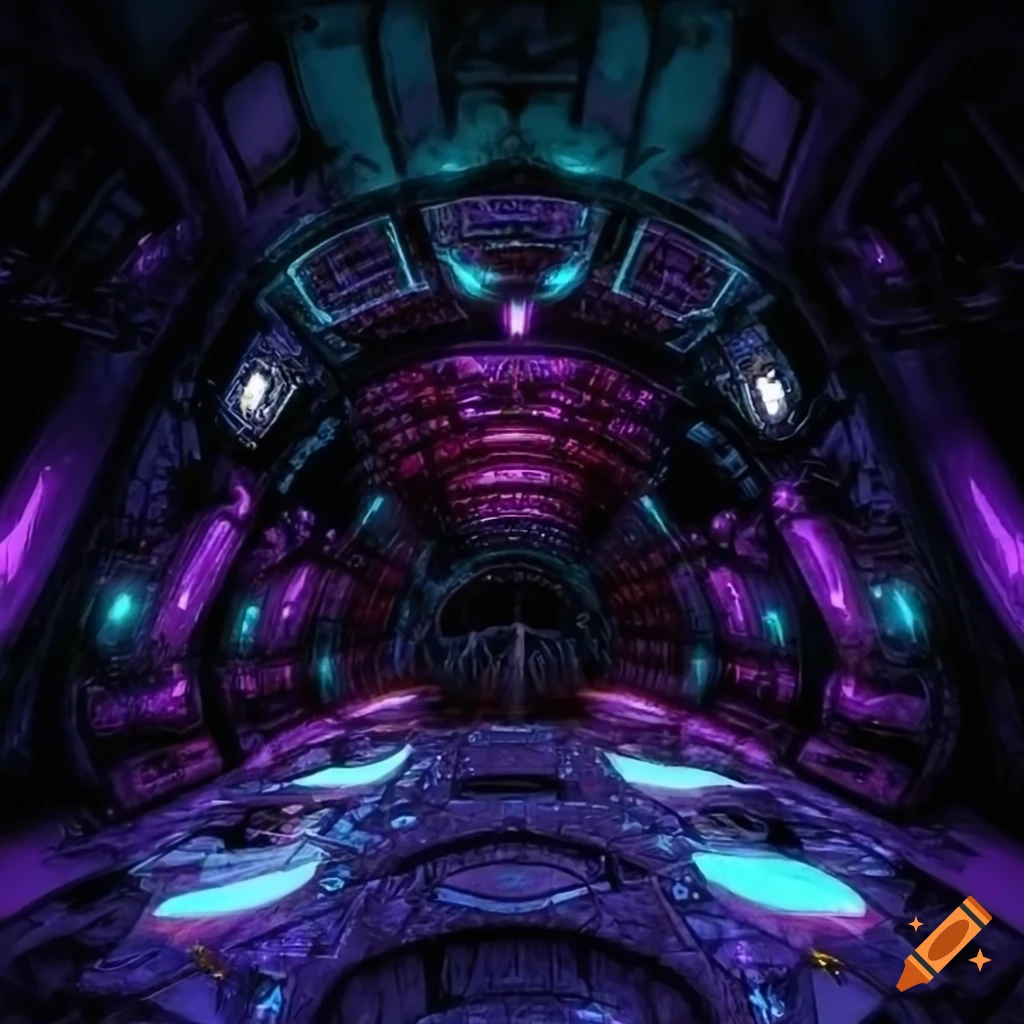 interior of a gothic space ship, skulls as windows, computers by side walls