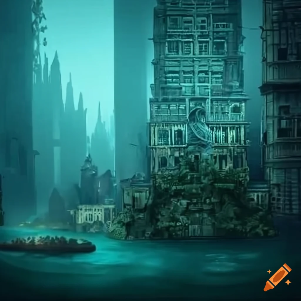 A grim underwater city in 20s style with overgrown buildings