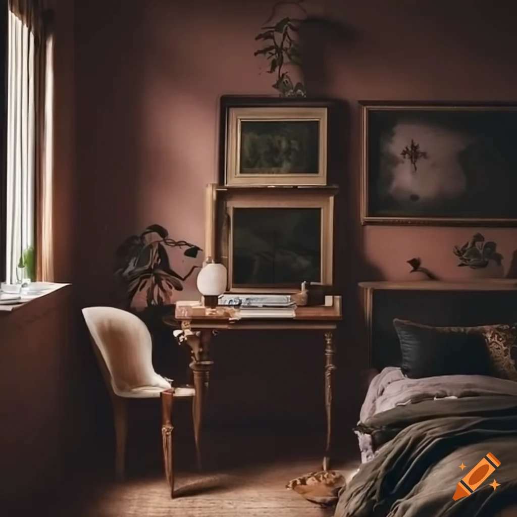 Cozy dark academiainspired bedroom with dark colors and lots of plants