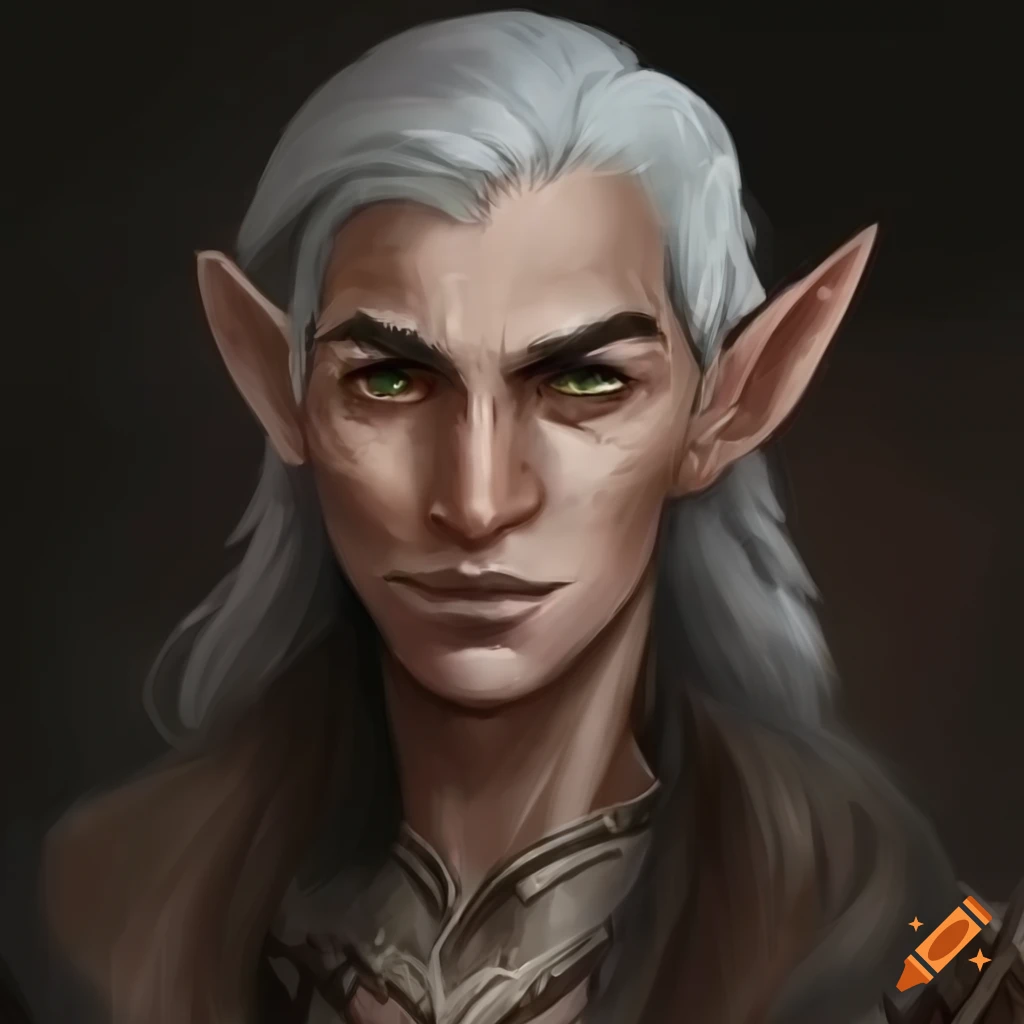 Dnd male wood elf. old. thin. long brown/grey hair. almond shaped eyes ...