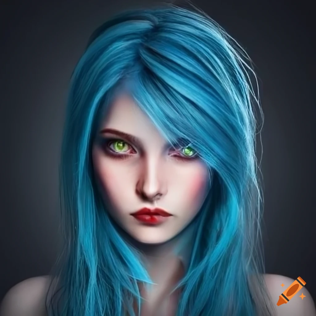 Young woman with blue hair and red eyes on Craiyon