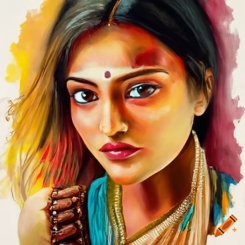 Water color painting of a beautiful mordern indian woman standing on ...