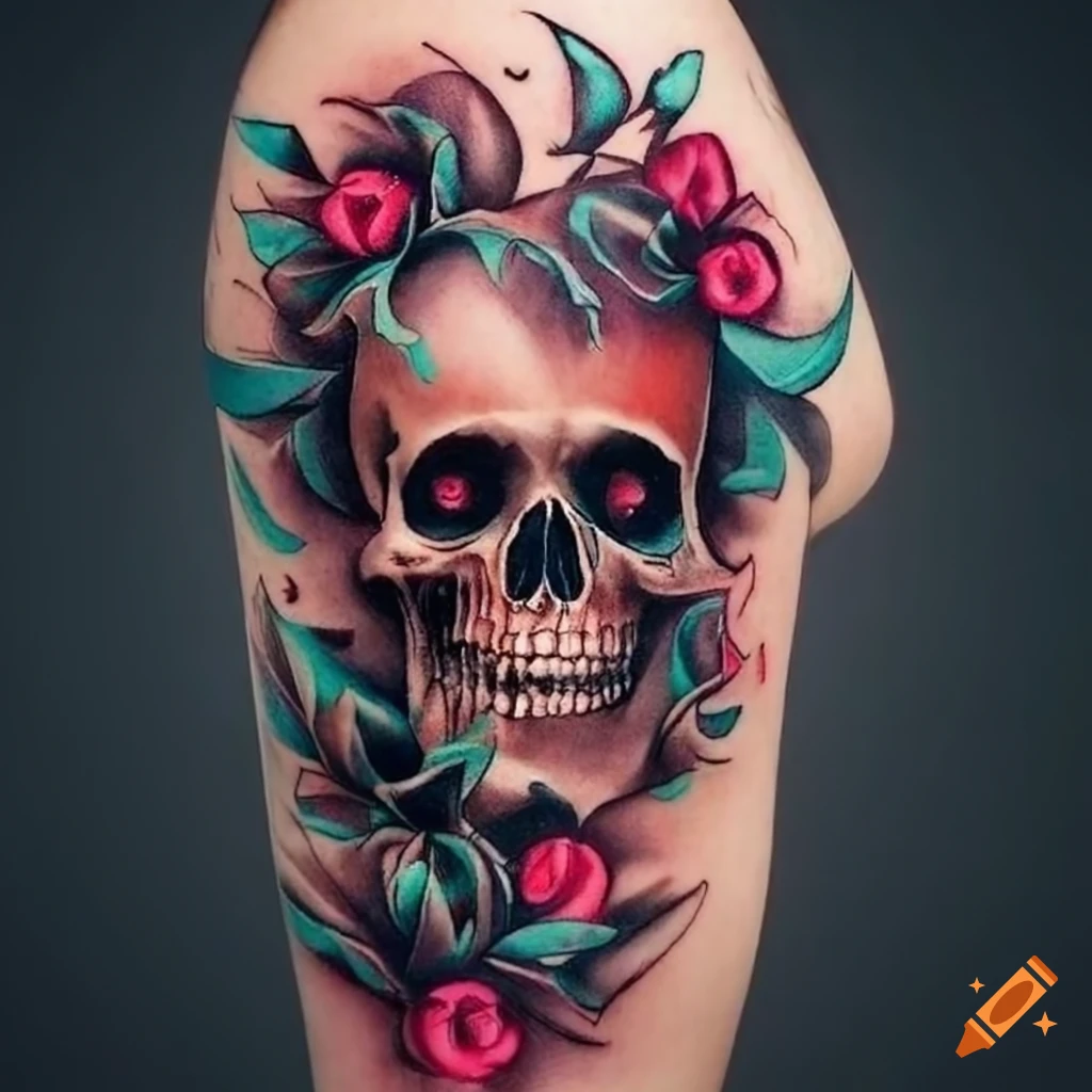 Tattoo designs characterized by bold outlines, limited color palettes, and  iconic imagery such as anchors, roses, skulls, and swallows on Craiyon
