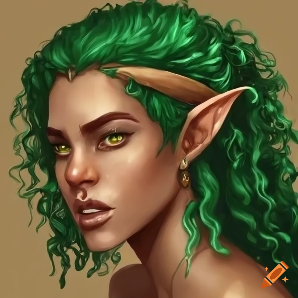 Half Elf Female Tan Skin Short Curly Green Hair Fantasy Art Ranger Freckles Mixed Race 