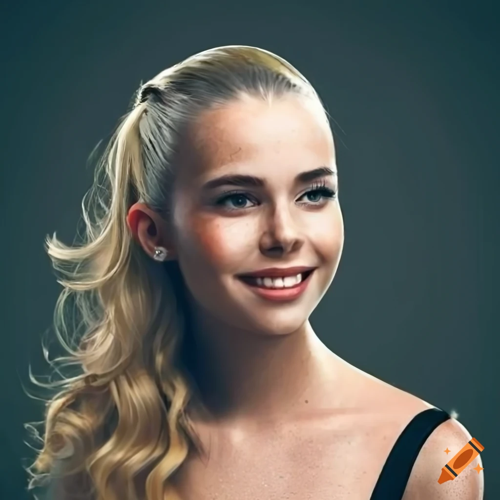 Pretty young woman delicate freckles shy smile wavy shoulder-length dark  blonde hair ponytail on Craiyon