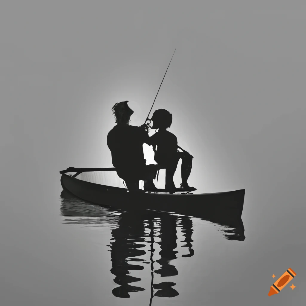 Simple silhouette, white background, father and son fishing in a