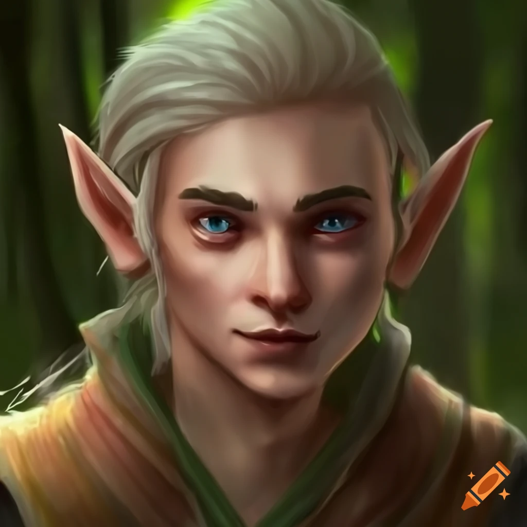 A young male eladrin elf in a wooded area