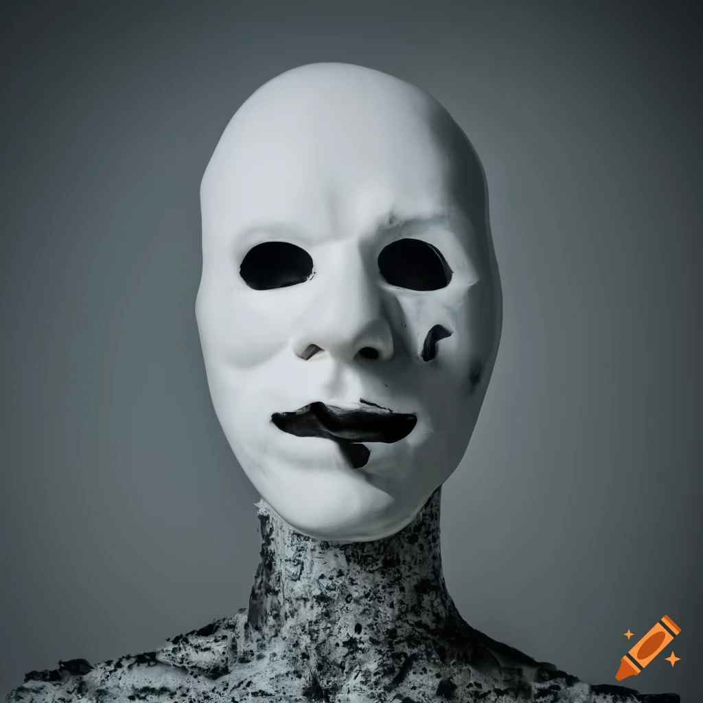 A long figure made of black sludge with a white male mask and long