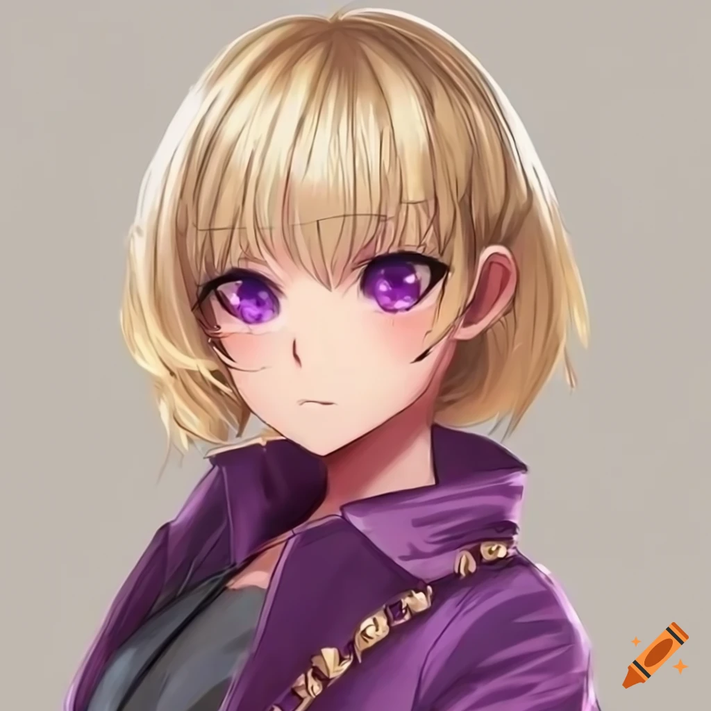 trap charictor with medium blonde hair and purple eyes. Wearing a skirt and an over sized jacket