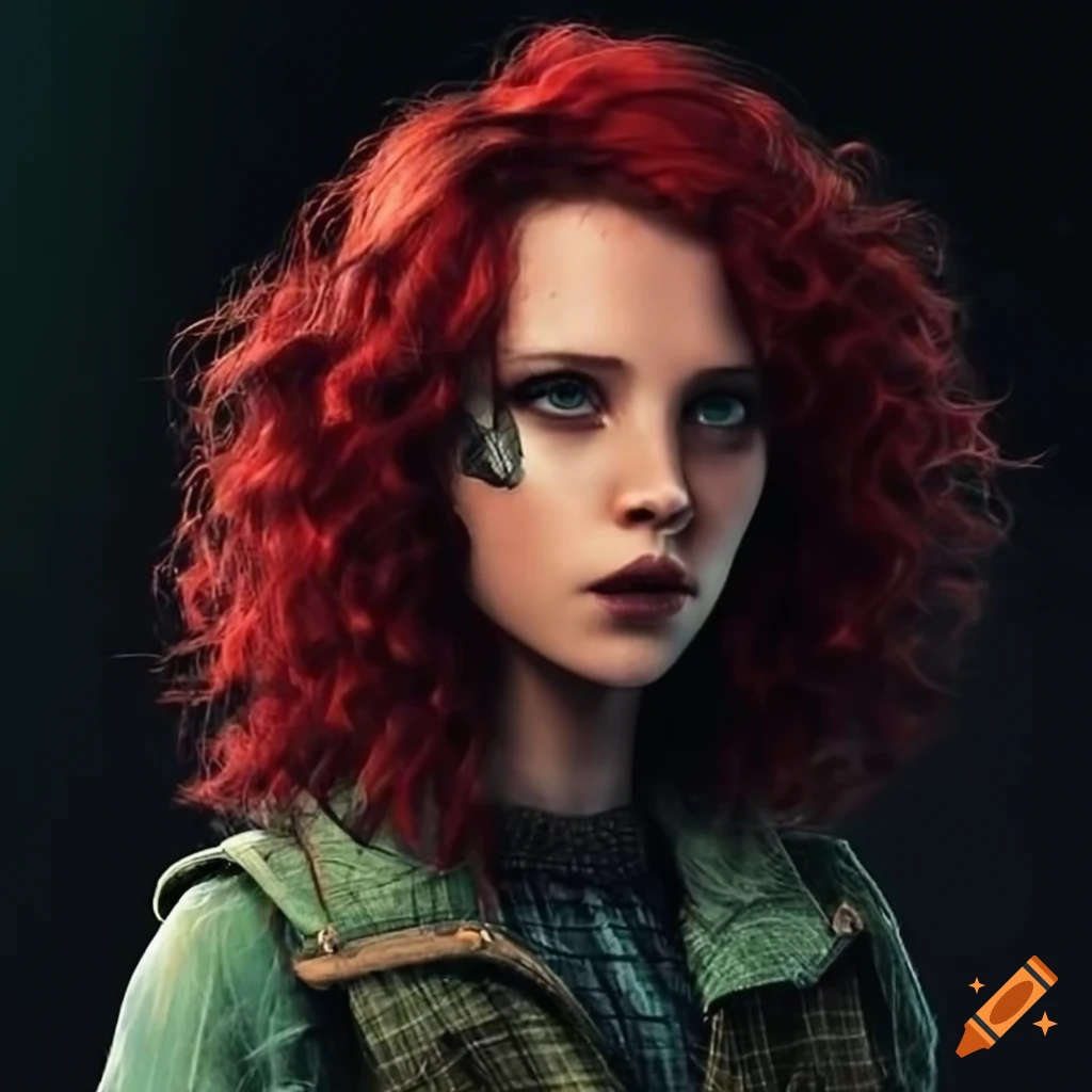 Female, aged 16, side part, long, curly, dark red hair, with dark green plaid jacket, apocalyptic