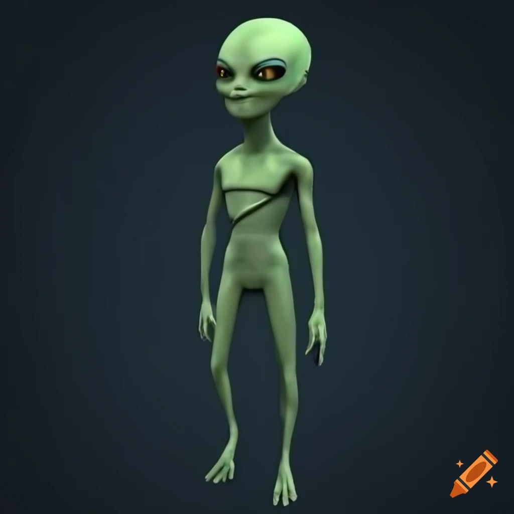 3D alien character in a mysterious pose with vibrant colors in full-height