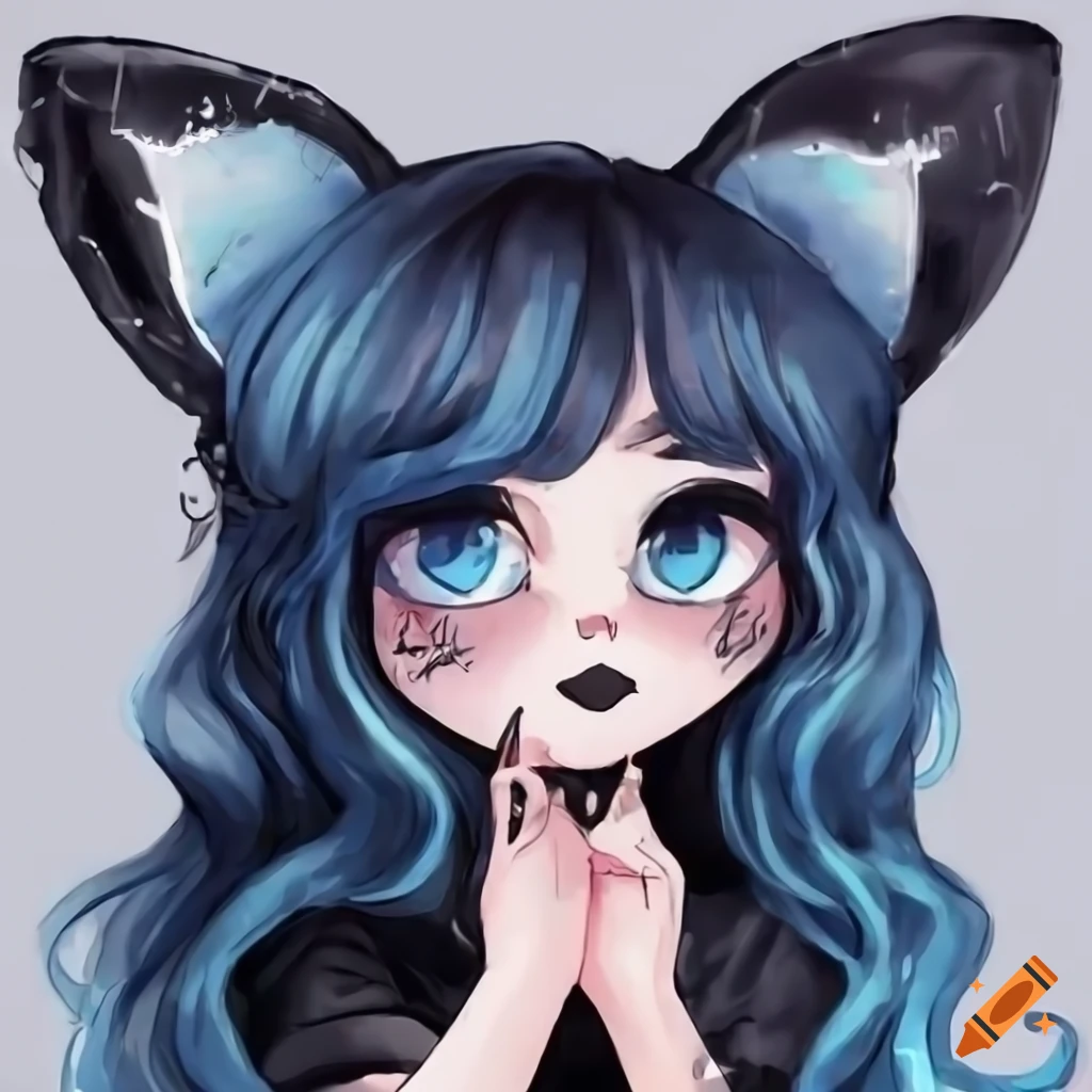 Cute girl with wavy dark blue hair hazel eyes and blue cat ears and ...