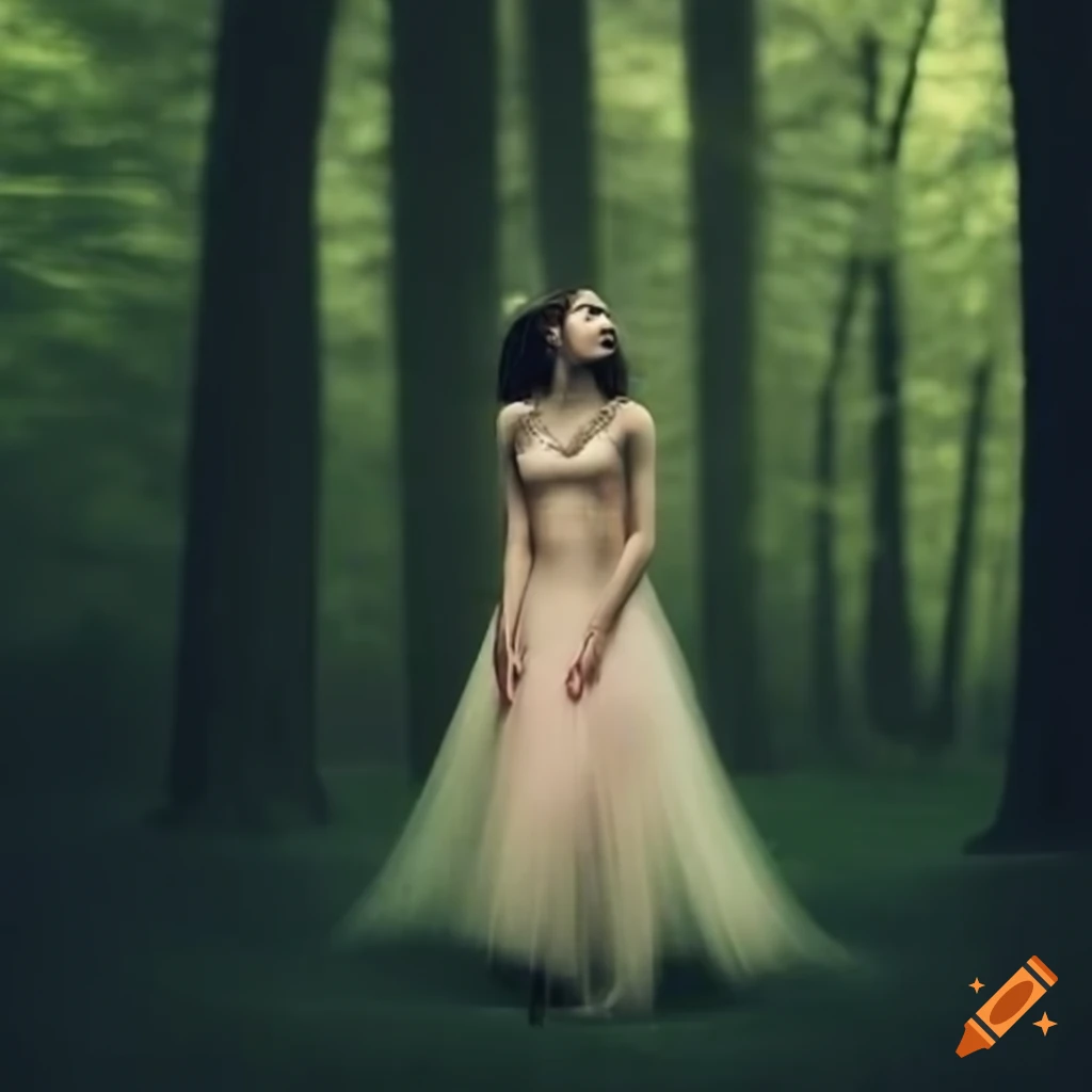 Girl covered in white body paint in a dark forest on Craiyon