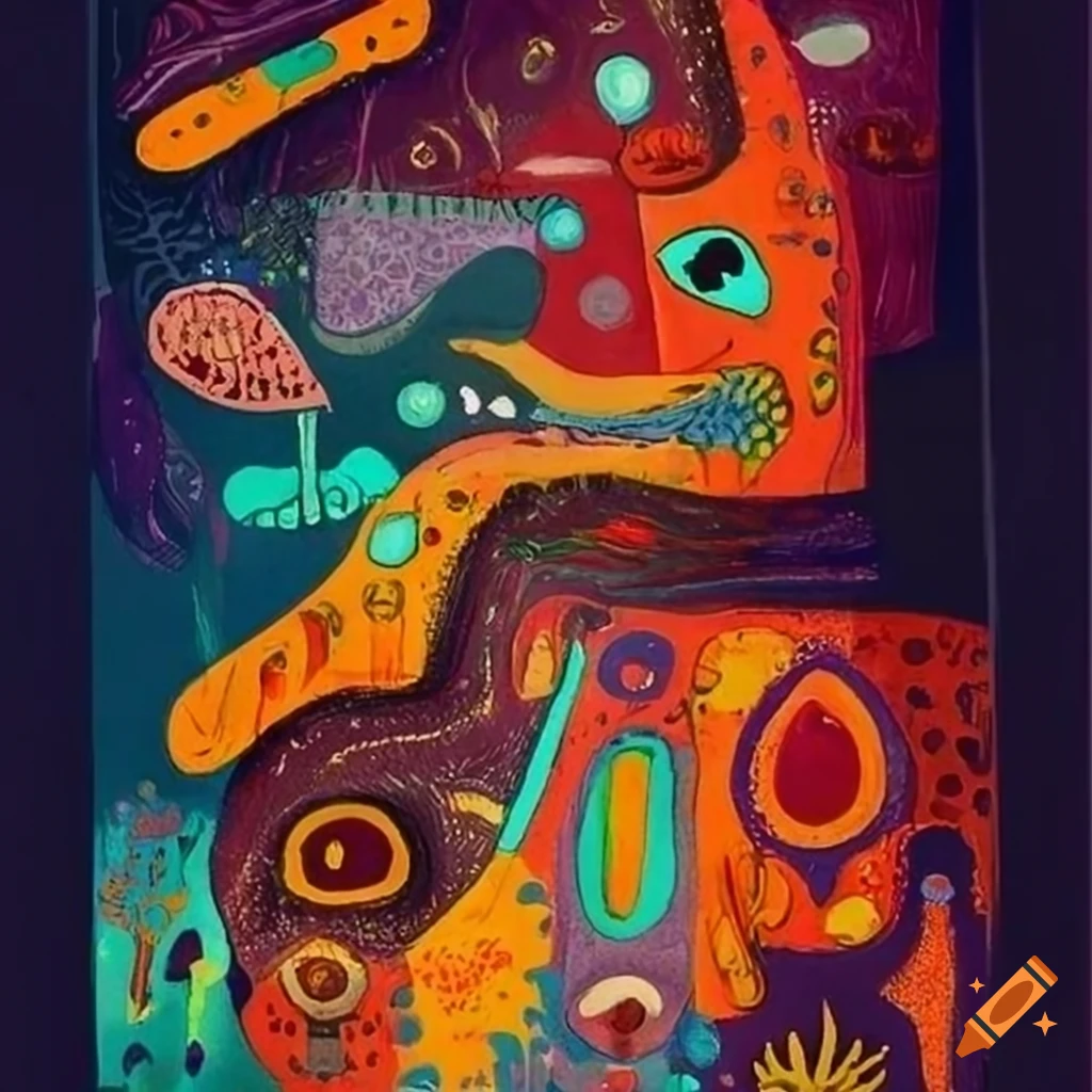 Alfred Pellan flat drawing graphique texture scene many creatures surrealist aliens objects masques instruments musical