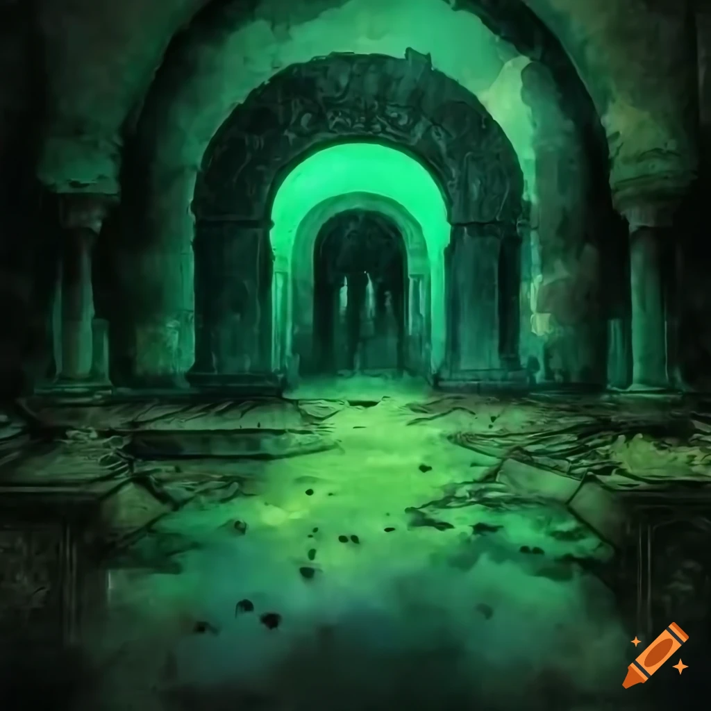 Watercolor inside a dark gloomy foggy hall of abandoned castle made of ...