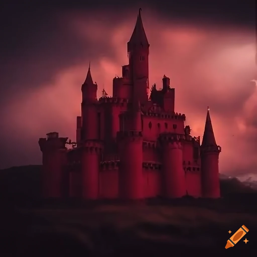 Old dark red colored fairy tale castle is flying up from stormy ocean ...