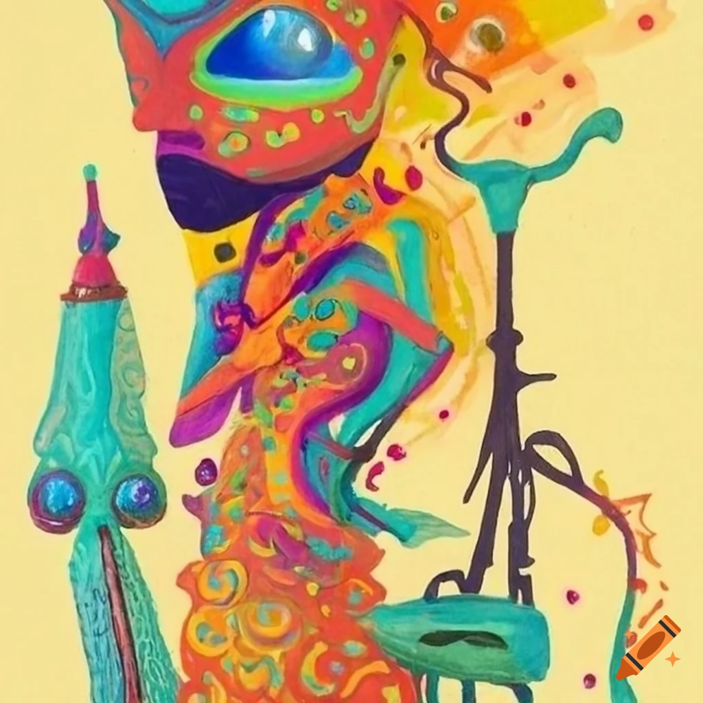 Alfred Pellan flat drawing graphique texture scene many creatures surrealist aliens objects masques instruments musical