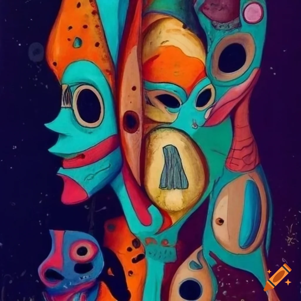 Alfred Pellan flat drawing graphique texture scene many creatures surrealist aliens objects masques instruments musical