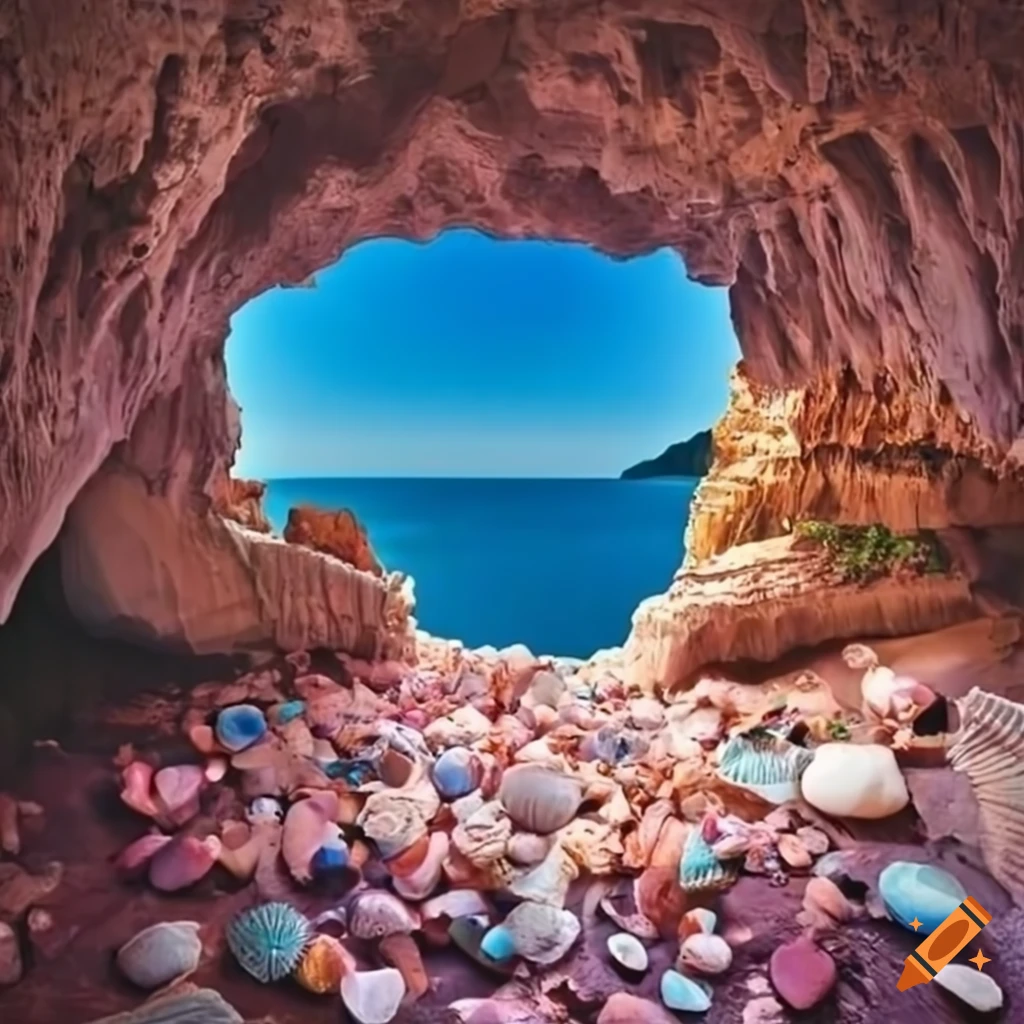 Cliffside ocean cave filled with with pink and blue seashells