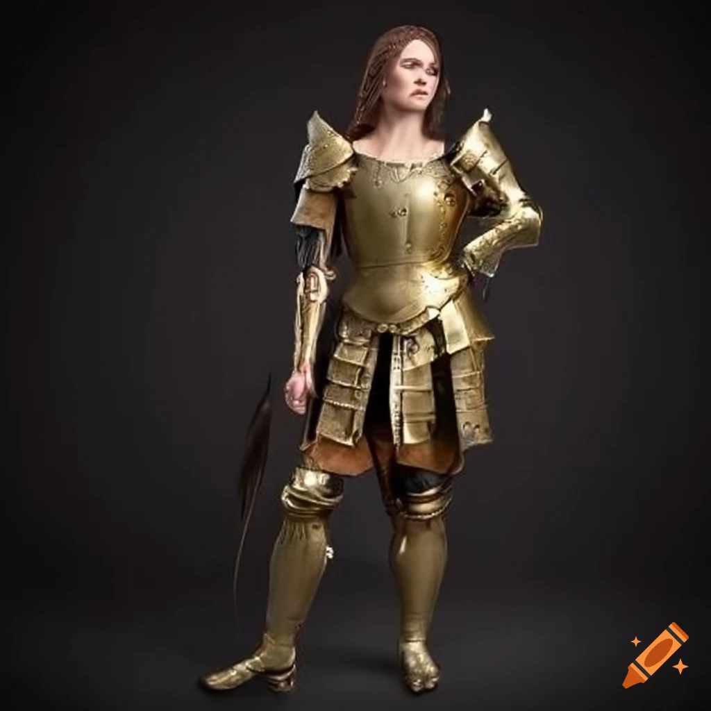 A beautiful woman dressed in ornate brass armor, full body, realistic on  Craiyon