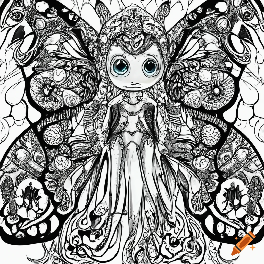 Black and white only cute high-fantasy warrior butterfly for coloring book  with crisp lines and white background on Craiyon