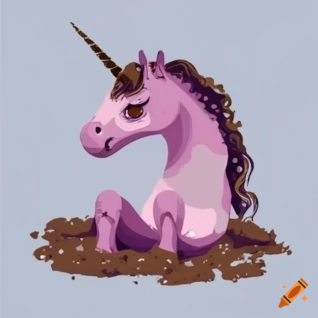 a majestic unicorn struggling in a muddy bog, insects buzzing around